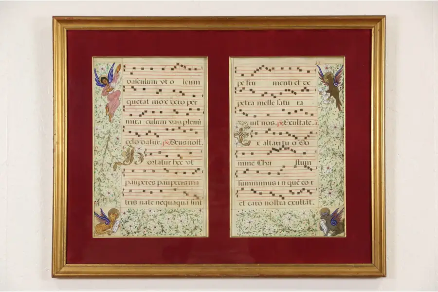 Photo of Music Latin Illuminated Manuscript, 2 Sheets 1600's Antique Hand Painted Vellum