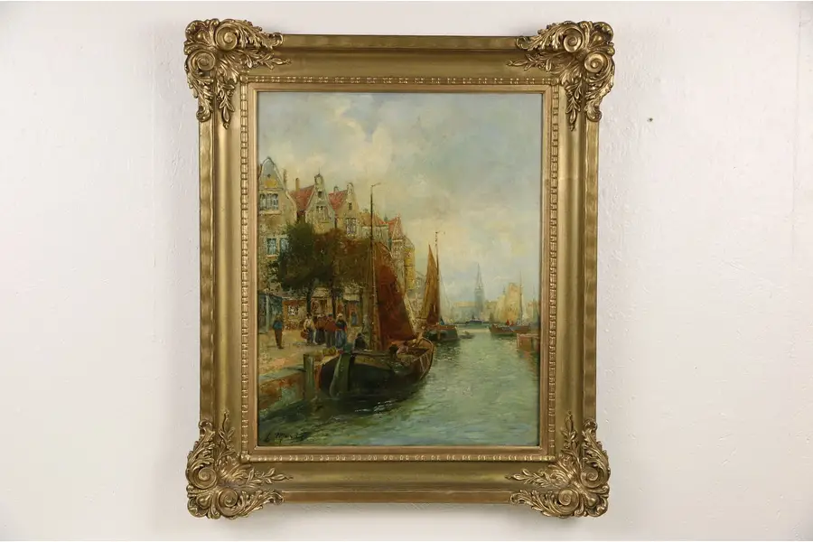 Photo of Harbor Scene & Sailing Ships late 1800's Original Oil Painting, Signed