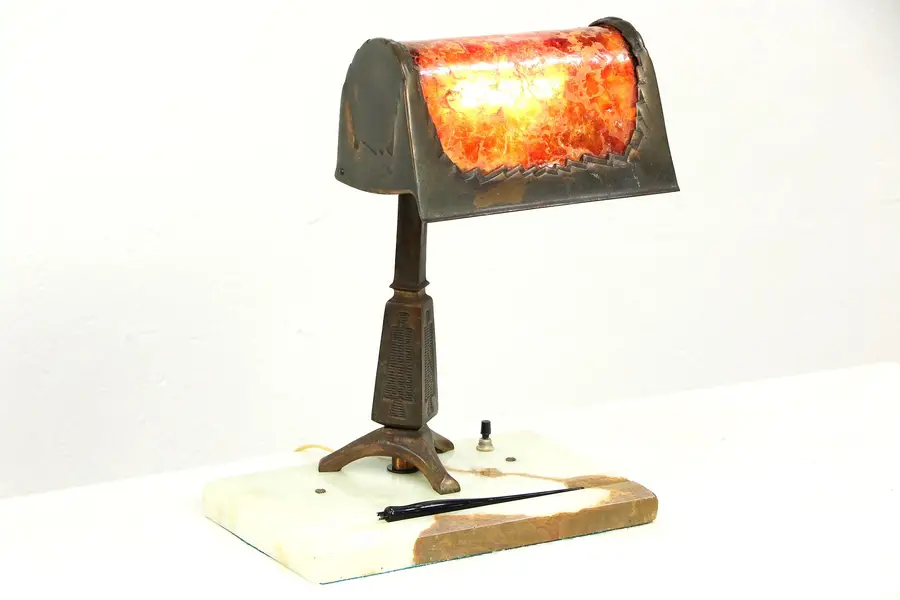Photo of Brady Lite of Detroit 1920 Antique Desk Lamp, Mica Shade, Onyx Base, Magnifier