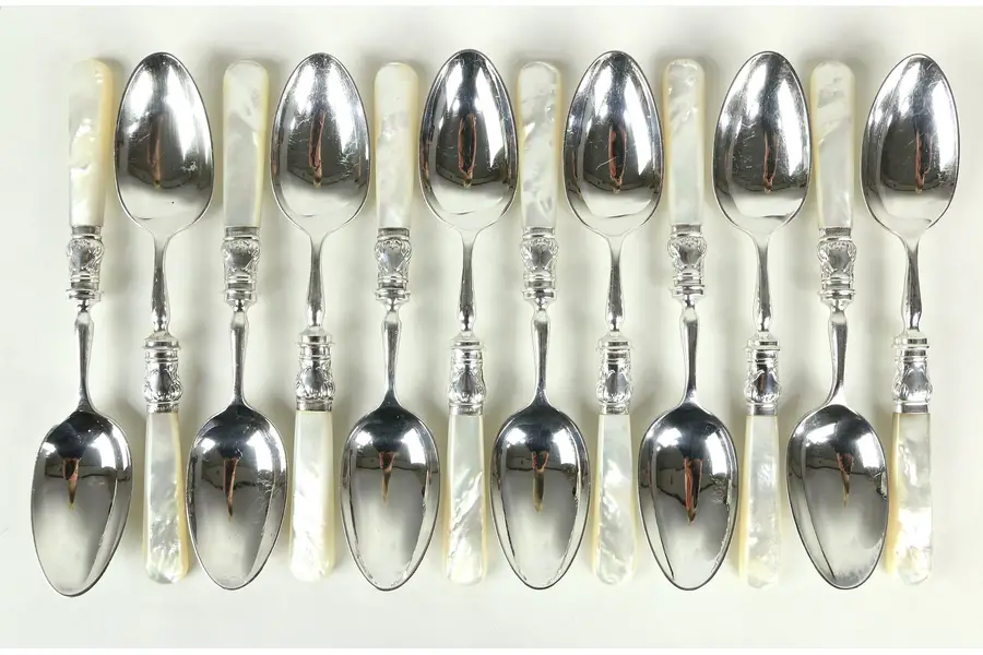 Photo of Set of 12 Mother of Pearl & Silverplate Soup, Pasta or Dessert Spoons, England