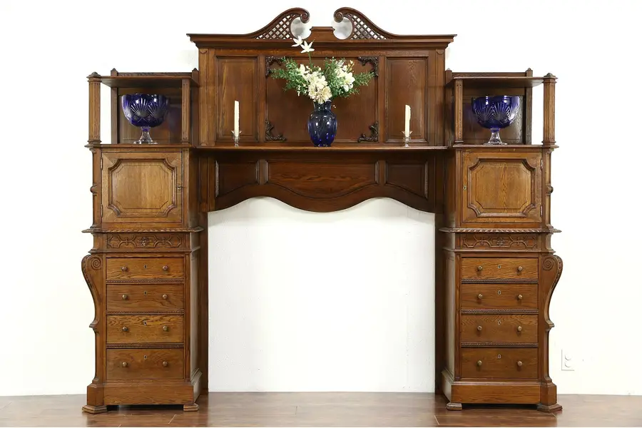 Photo of Oak Architectural Salvage Antique Scandinavian 1890's Fireplace Mantel & Cabinet