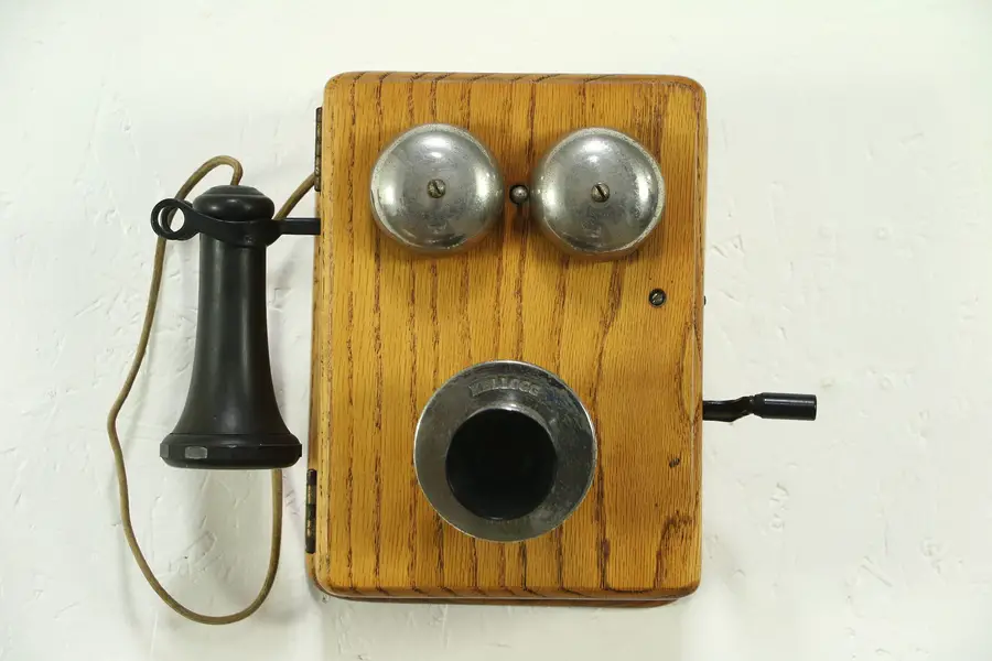 Photo of Kellogg Small Oak Antique 1900's Wall Phone, Crank Generator