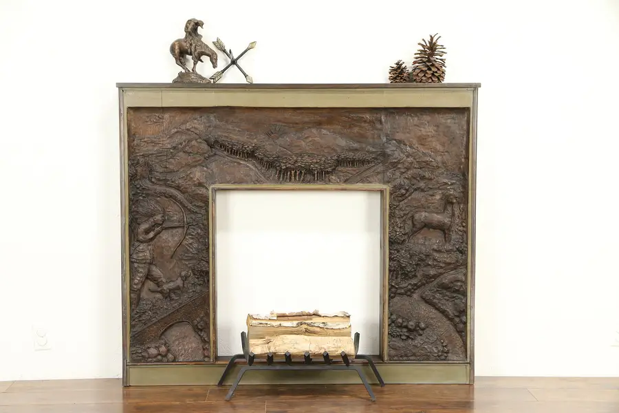 Photo of Oak Art Carved Antique Architectural Salvage Mantel Sculpted Indian Motif