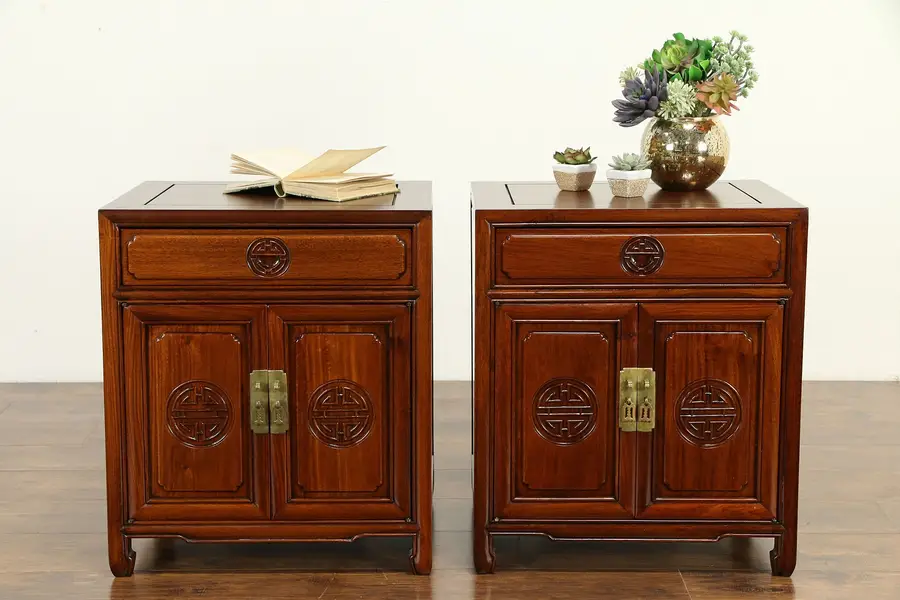 Photo of Chinese Carved Rosewood Vintage Pair of Nightstands or End Tables