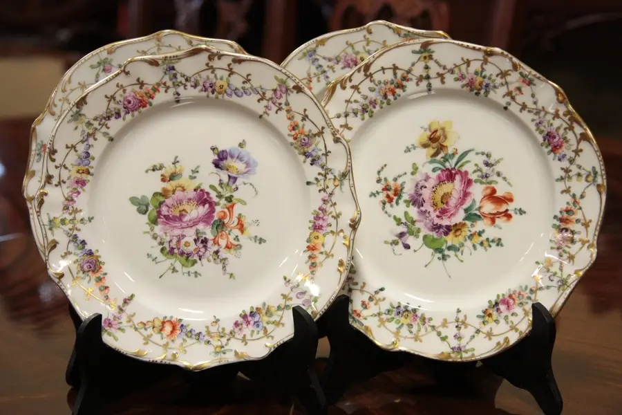 Photo of Set of 4 Antique Dresden Plates, 7 1/2"
