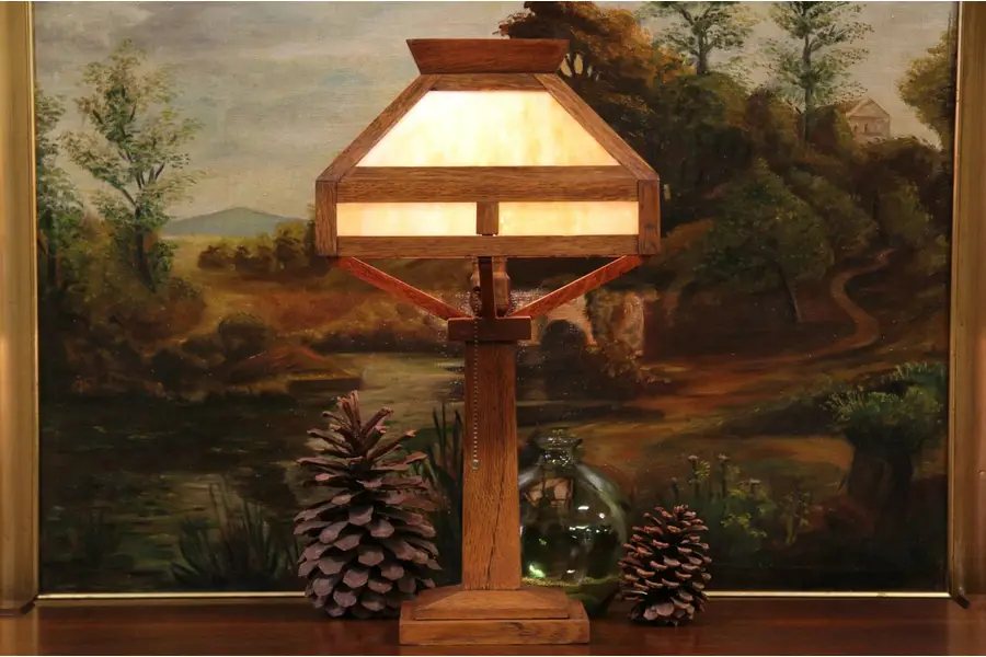 Photo of Arts & Crafts Mission Oak 1905 Antique Stained Glass Table Lamp
