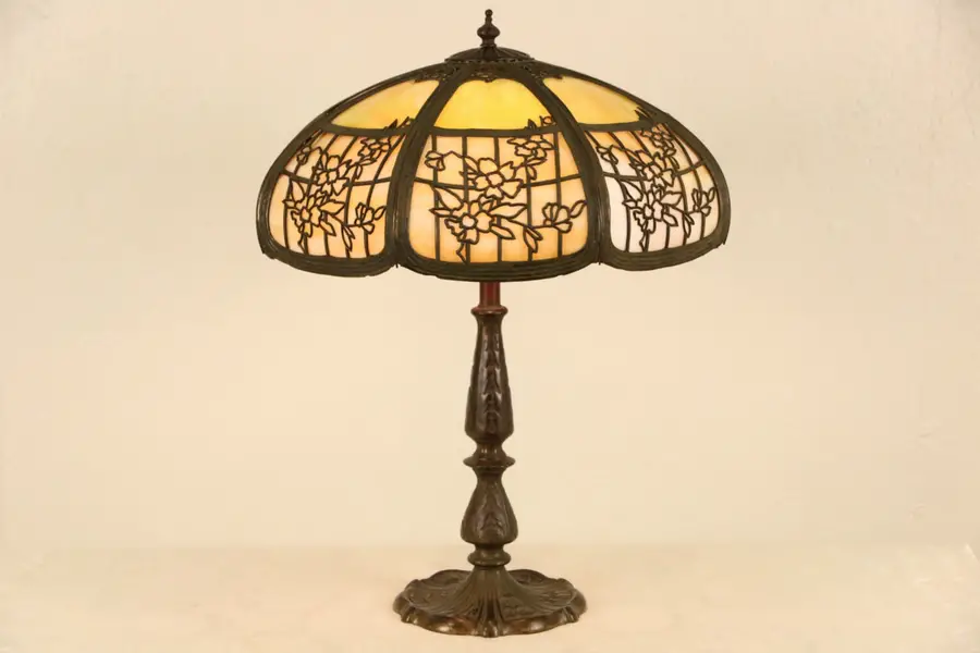 Photo of Table Lamp, Antique 1915 Window Pane & Flower Stained Glass Shade