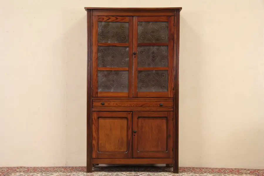 Photo of Country Pine 1895 Antique Pie Safe Cupboard, Punched Tin Doors