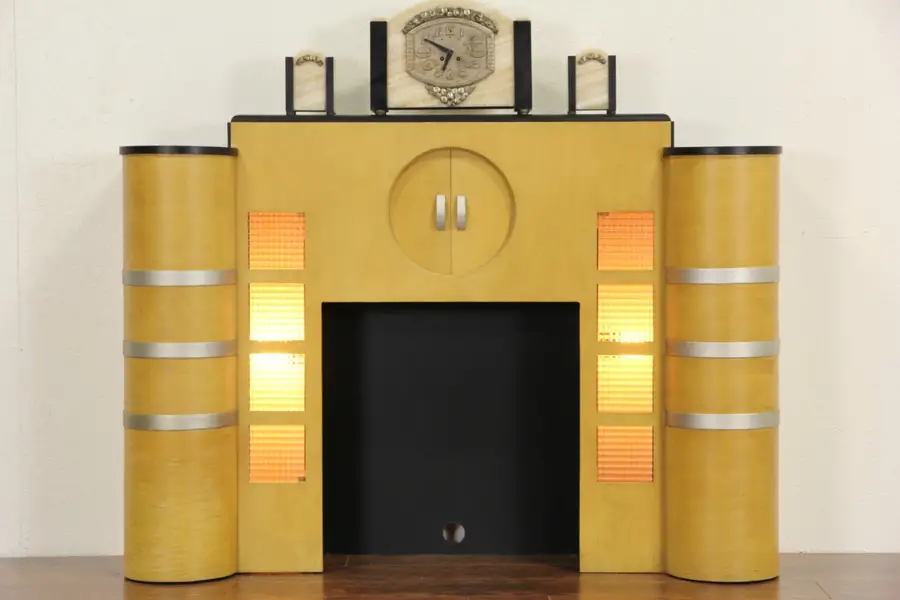 Photo of Art Deco 1930's Lighted Faux Fireplace Mantel and Surround, Bar Cabinet