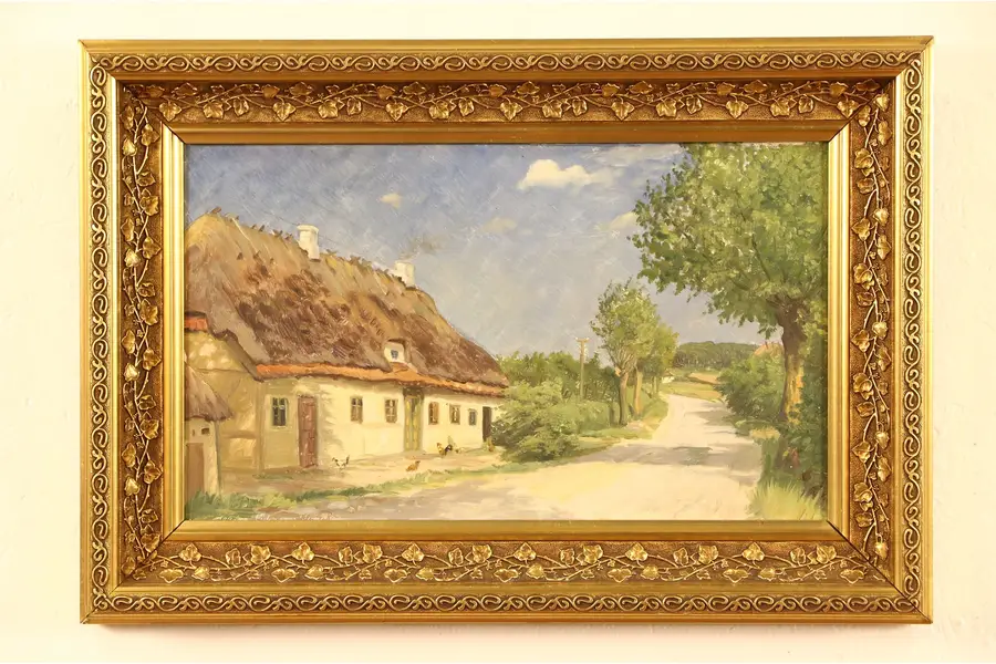 Photo of Cottage & Country Lane, Original Scandinavian early 1900's Oil Painting, Signed