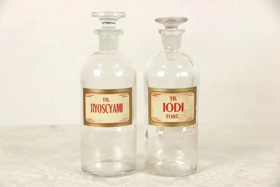 Photo of Pair Antique 1900's Apothecary Medical Drug Store Jars, Fitted Stoppers, Signed