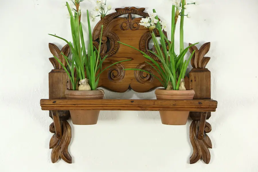 Photo of Folk Carved Antique Hand Carved Pine Dutch Wall Shelf Plant Stand