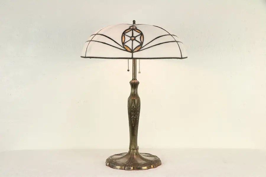 Photo of Art Deco Leaded Curved Stained Glass Shade Antique 1920 Lamp