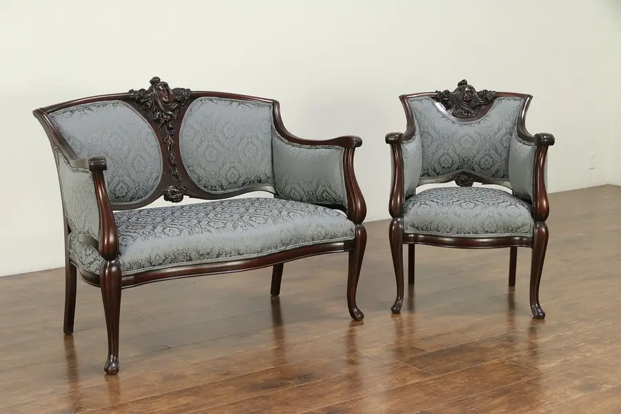Photo of Karpen Signed Art Nouveau Carved Faces Antique Parlor Set Chair, Loveseat