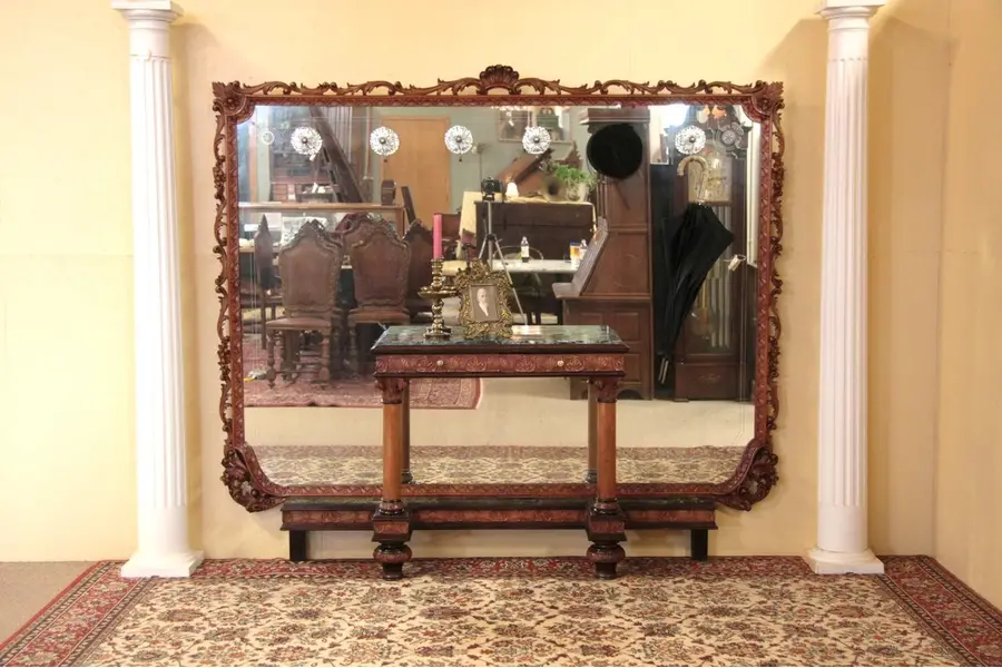 Photo of Carved Antique Hall or Dressing Mirror, Marble Top