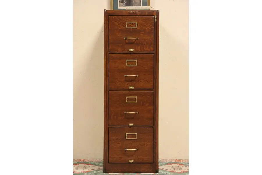 Photo of Oak 4 Drawer File Cabinet Signed Shaw Walker Circa 1915