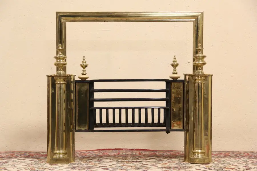 Photo of English Brass 1900 Antique Fireplace Insert & Basket