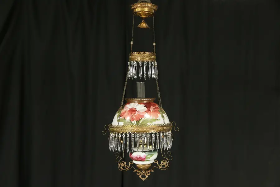 Photo of Victorian 1880 Antique Kerosene Light Hanging Oil Lamp, Hand Painted Roses
