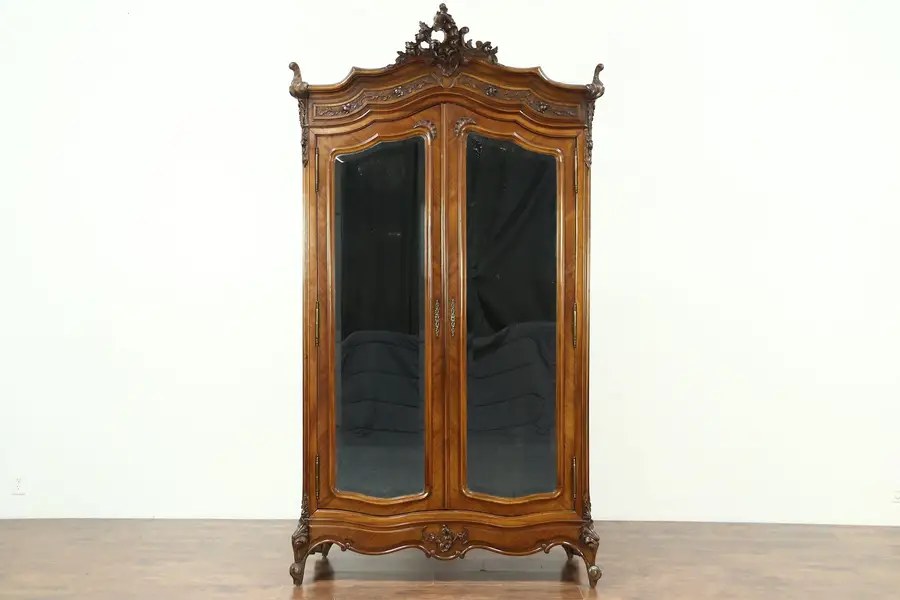 Photo of French Antique Carved Walnut Armoire, Beveled Mirror Doors
