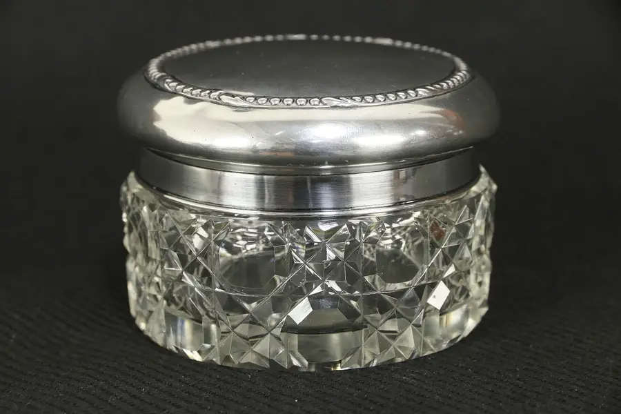 Photo of Victorian Antique 1900 Cut Crystal Boudoir Jar, Sterling Silver Lid