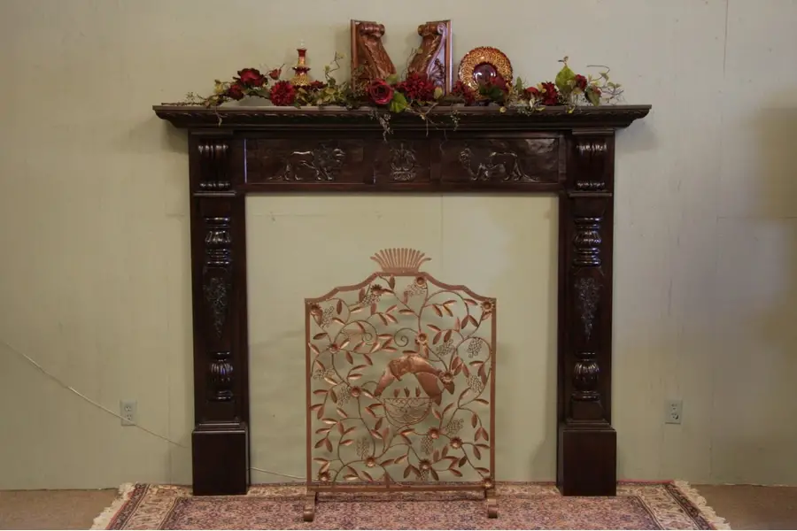 Photo of Large Mahogany Fireplace Mantel, Carved Lions