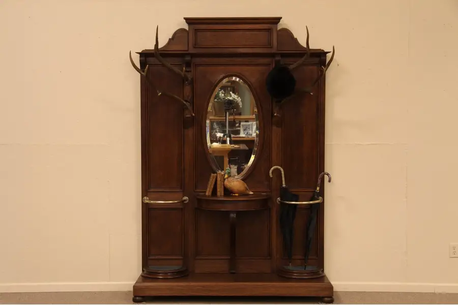 Photo of Stag Horn Antler Victorian Oak Hall Stand, Mirror