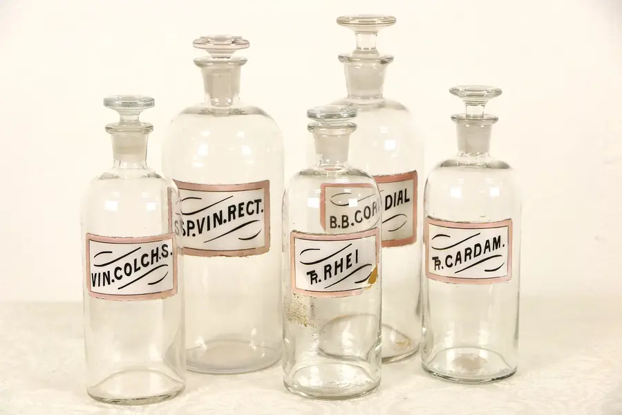 Photo of Set of 5 Antique 1880's Apothecary Medical Drug Store Jars, Pink Labels