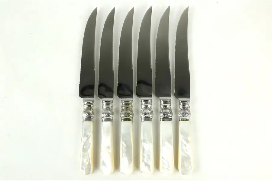 Photo of Set of 6 Sheffield English Pearl & Silverplate Steak Knives, Signed Cooper