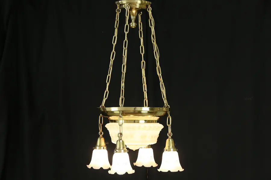 Photo of Victorian Antique 1900 Brass Chandelier, 5 Etched Glass Shades