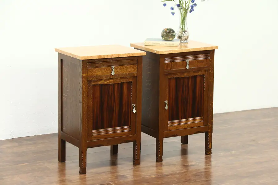 Photo of Art Deco 1925 Pair Oak & Rosewood Nightstands, Marble Tops, France