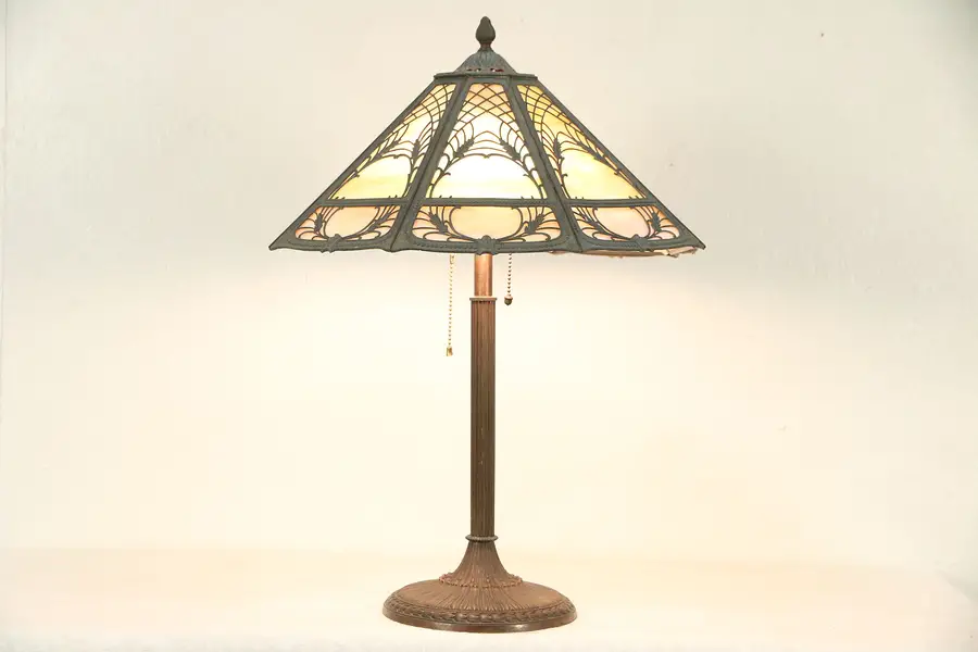 Photo of Stained Glass 8 Panel Shade Antique 1915 Lamp, Signed Miller
