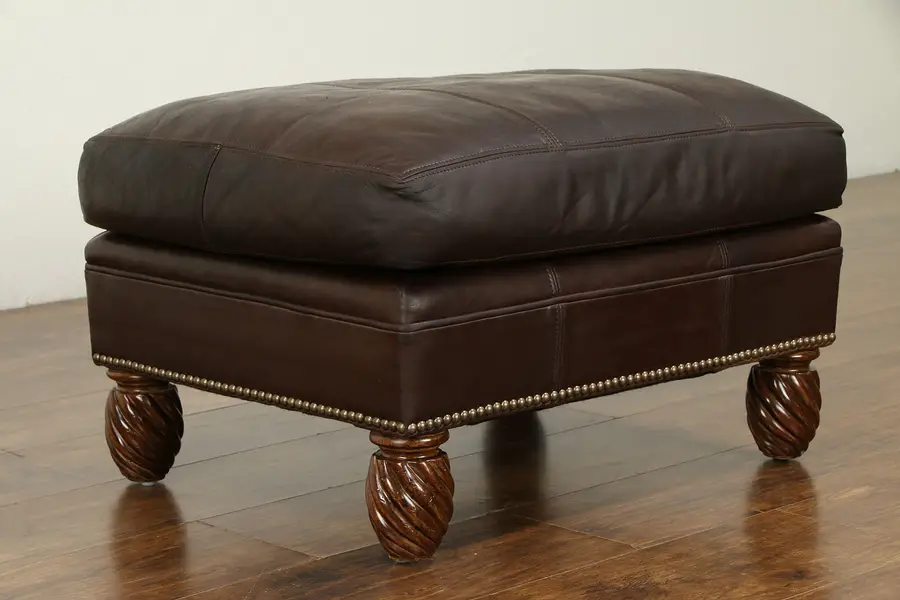 Photo of Leather Vintage Stool, Bench or Ottoman, Brass Nailhead Trim, Classic
