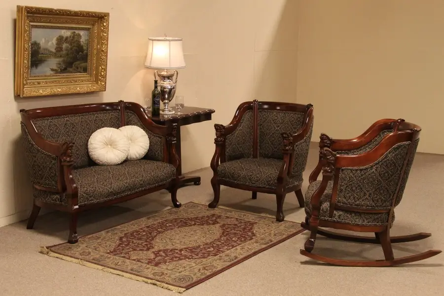 Photo of Victorian Parlor Set, Carved Settee, Chair, & Rocker