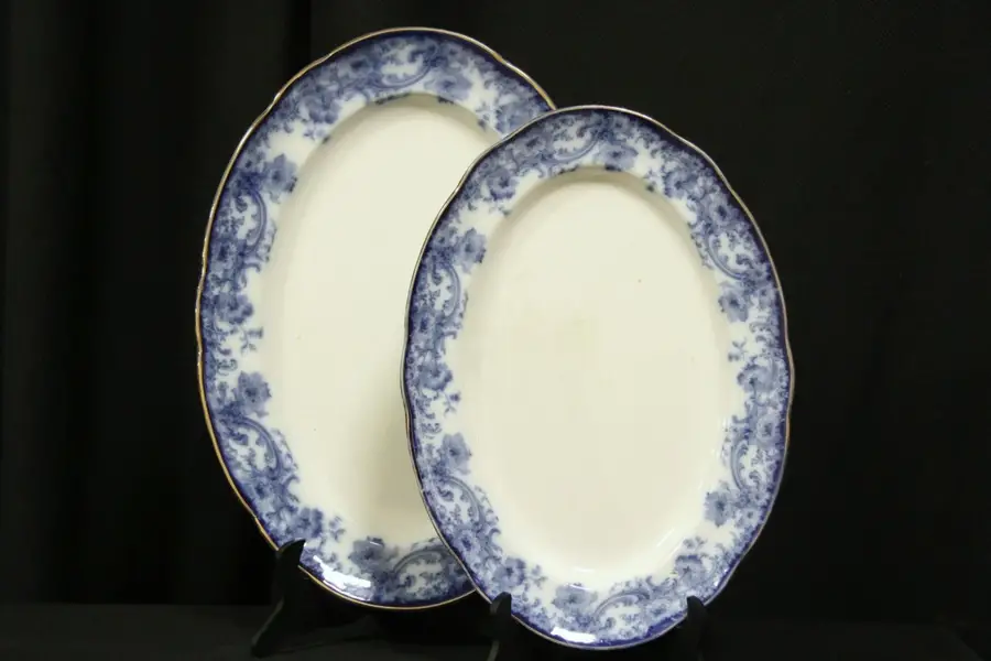 Photo of Doulton Burslem Melrose 1890 Antique Flow Blue Pair Oval Platters