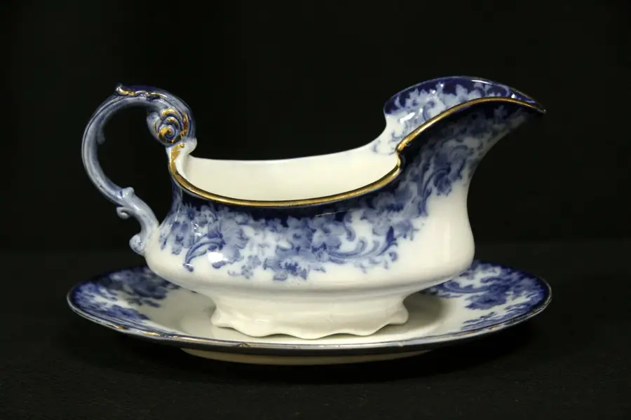 Photo of Doulton Burslem Melrose 1890 Antique Flow Blue Gravy Sauce Boat & Tray