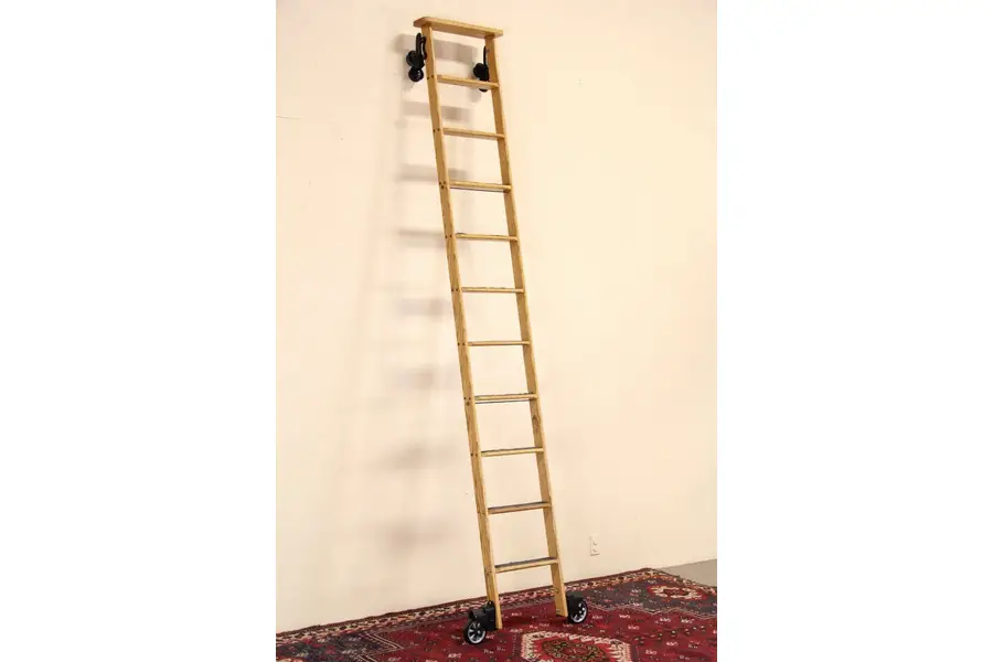 Photo of Library, Kitchen or Wine Cellar Industrial Rolling 10' Oak Ladder