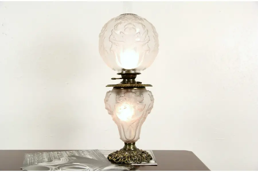 Photo of Victorian 1880 Antique Embossed Satin Glass Kerosene Table Lamp, Electrified