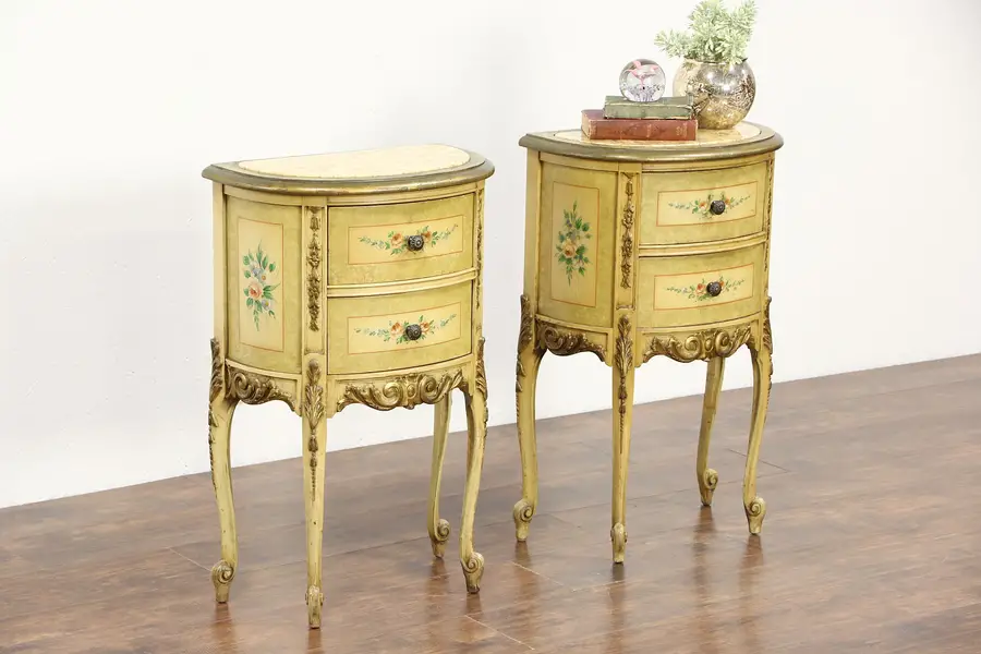 Photo of Pair Hand Painted 1930 Vintage End Tables or Nightstands, Marble Tops