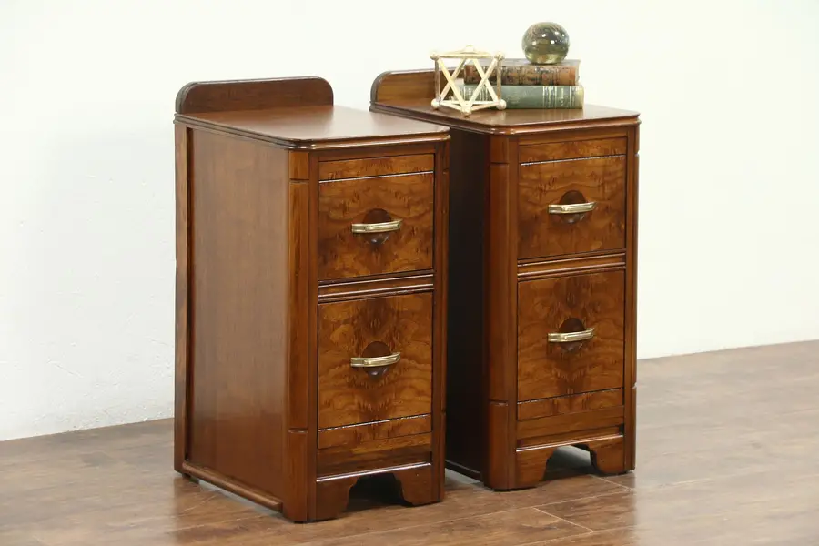 Photo of Pair of Art Deco 1935 Vintage Walnut Nightstands