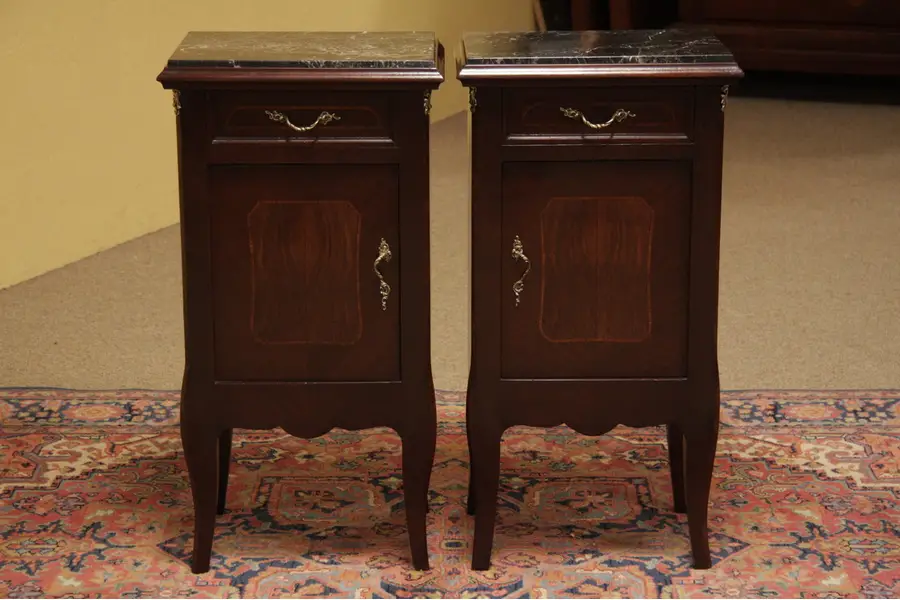 Photo of Pair Nightstands, Bedside, End Tables, Marble Tops