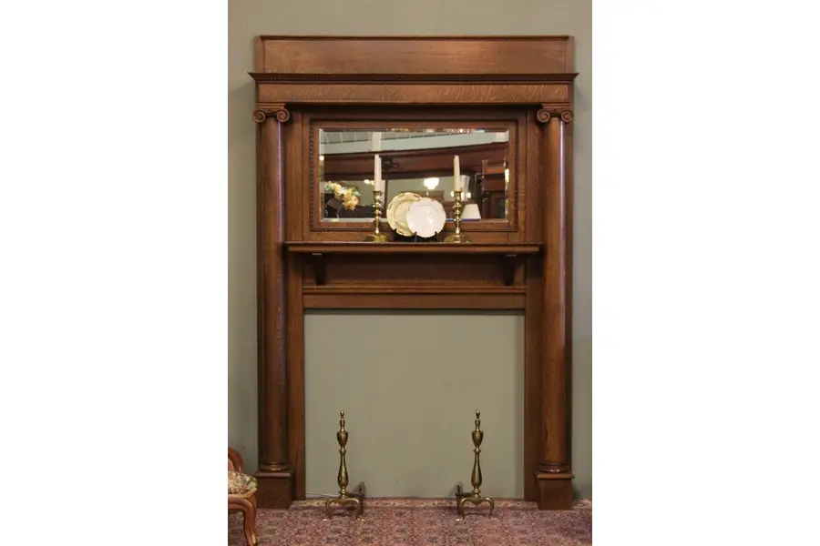 Photo of Oak Fireplace Mantel & Surround, Columns, and Mirror