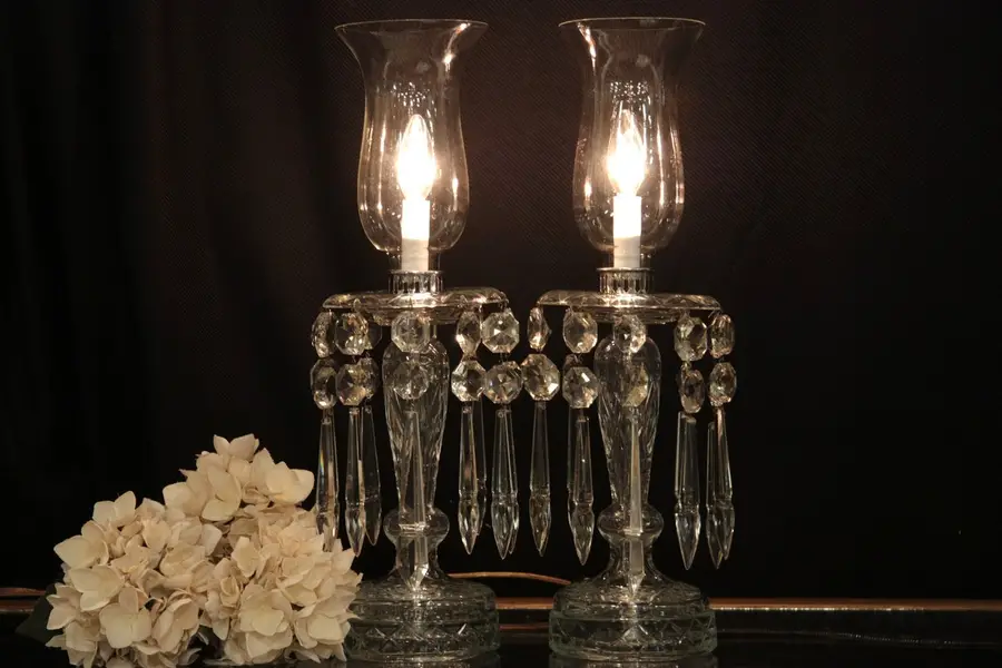 Photo of Pair of Crystal Hurricane Lamps with Prisms