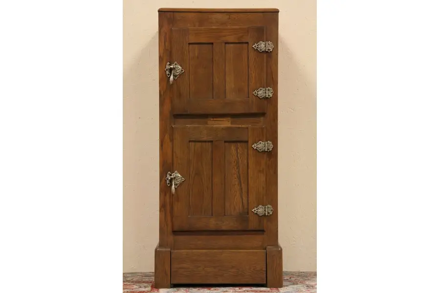 Photo of Oak Paneled 1900 Ice Box, Brass Hardware