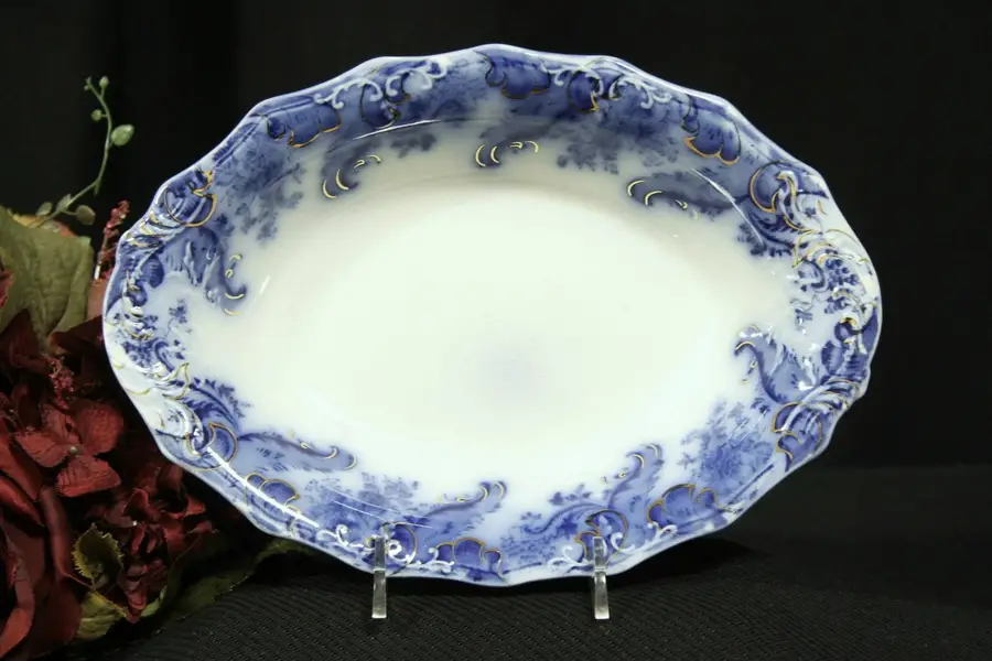 Photo of Flow Blue Oval Bowl - Argyle Pattern Bowl by Grindley