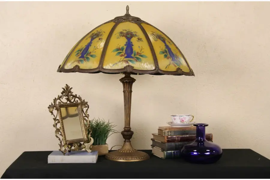 Photo of Lamp 1915 Antique, Reverse Painted Glass Shade