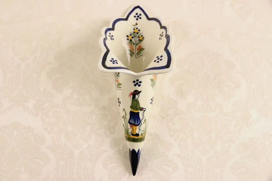 Photo of Henriot Quimper Signed Wall Vase, Hand Painted Brittany, France