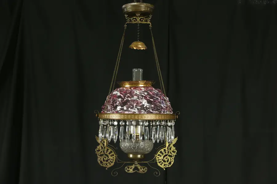 Photo of Victorian 1875 Antique Hanging Kerosene Lamp, End of Day Cranberry Glass Shade