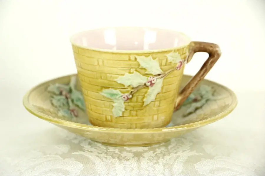 Photo of Majolica Hand Painted Tea or Coffee Cup and Saucer, Holly Leaf