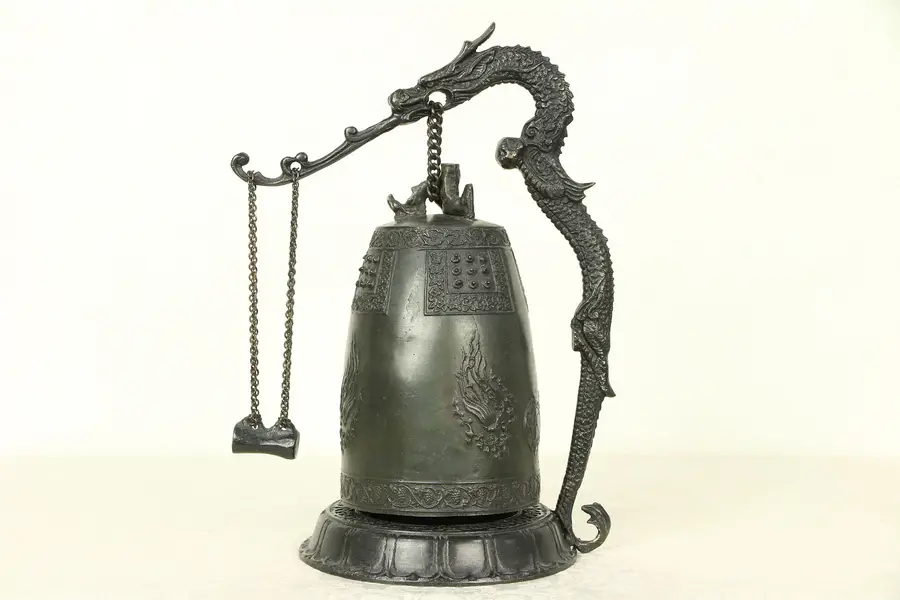 Photo of Chinese Antique Patinated Bronze Bell, Dragon Stand
