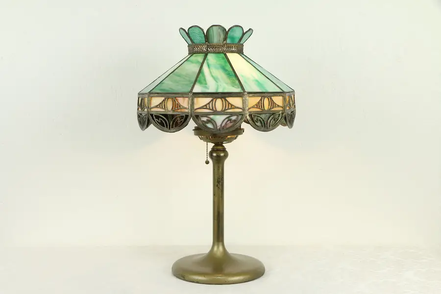 Photo of Leaded Stained Glass Shade Antique 1910 Table Lamp